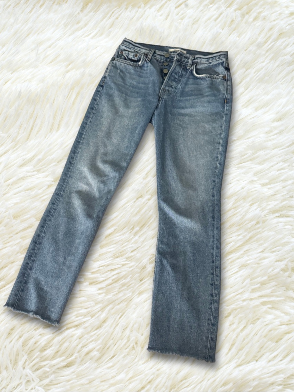 GRLFRND Denim | Karolina Inscribed High Rise Straight Crop Jeans Raw Hem Sz 24